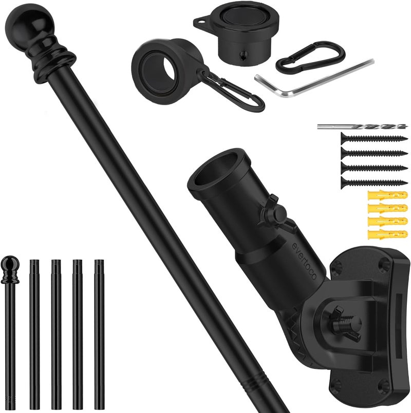 evertoco Heavy Duty T304 Stainless Steel Flag Pole Kit – 6FT Thickened Black Flagpole with 180° Adjustable Bracket & Aluminum Alloy Rings, Windproof & Rustproof for Residential/Commercial Use - Image 1